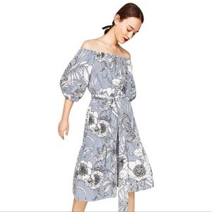 Zara | Blue, White & Black Floral Print Striped Off-Shoulder Midi Dress | Size S